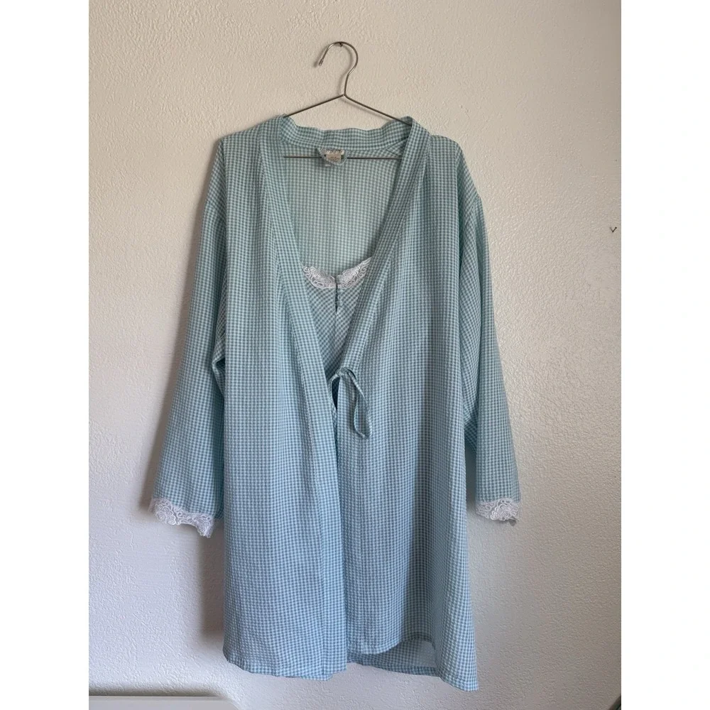 Vintage Nordstrom Intimates Size XS Slip Nightgown And Robe Set Blue Gingham